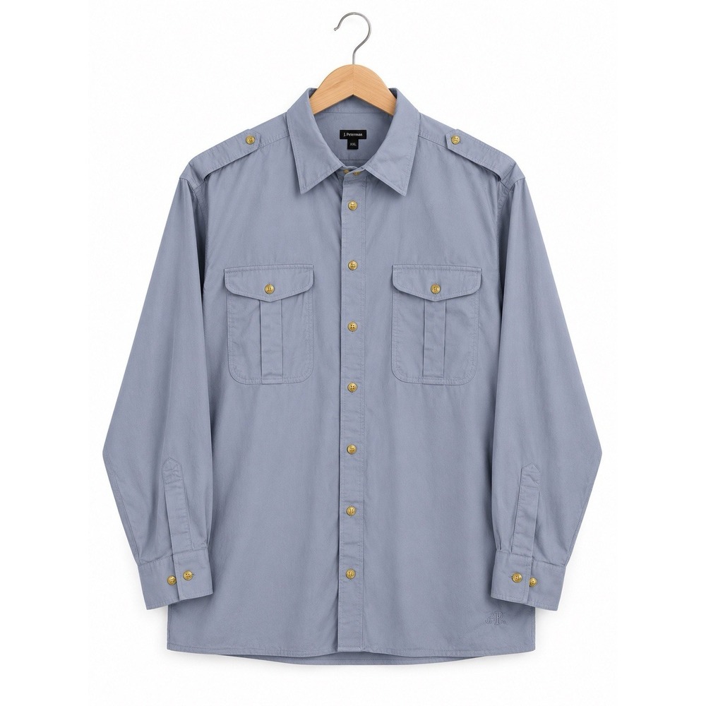 J Peterman Shirt Mens XXL Safari Utility Blue Heavyweight Cotton Epaulets Field